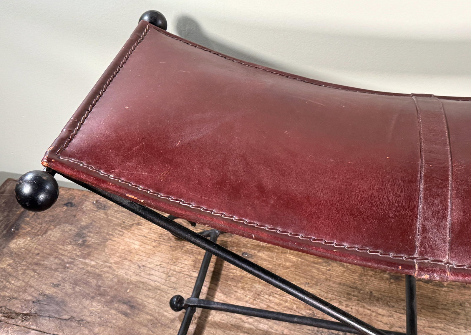 Vintage Leather and Wrought Iron Campaign Style Curved Sling Bench - 7