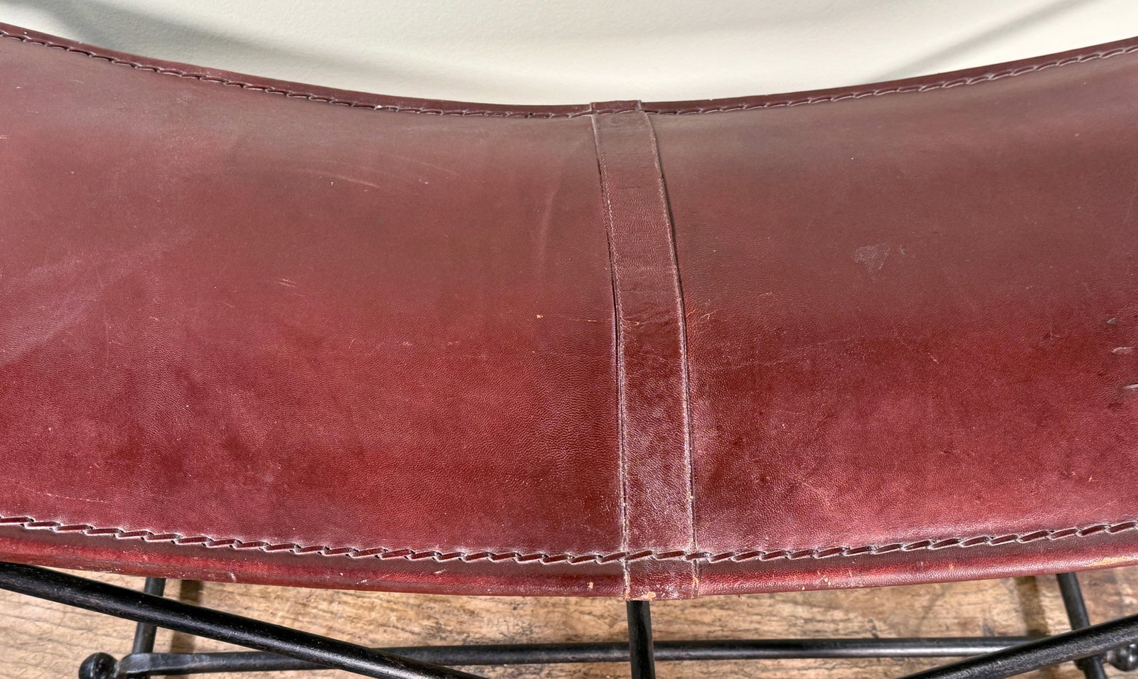 Vintage Leather and Wrought Iron Campaign Style Curved Sling Bench - 8