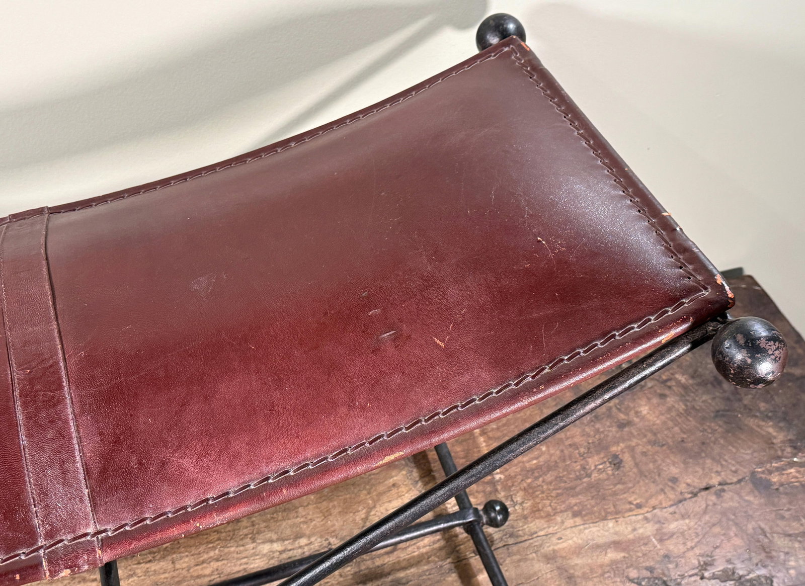 Vintage Leather and Wrought Iron Campaign Style Curved Sling Bench - 9