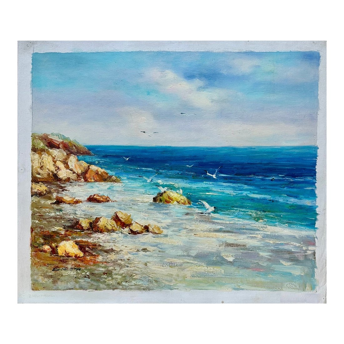 Coastal Seascape Cliffs Oil Painting on Canvas, Unstretched, by Ericson: Original oil on canvas by Ericson. Vibrant coastal seascape. Unstretched. Dimensions: 24" x 20" Condition: Imperfections: No Imperfections Condition Notes: Excellent condition - ready to be stretched