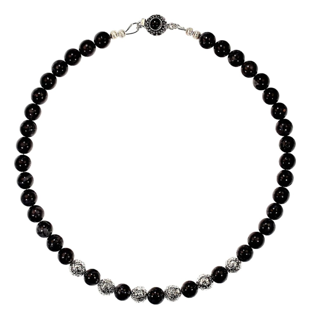 Ajd 19 Inch Unique Indigo Gabbro and Silver Washed Lava Rock Necklace: This distinctive piece blends the deep, mystical tones of indigo gabbro with the textured shimmer of silver"‘washed lava rock, creating a bold yet refined accessory that elevates any