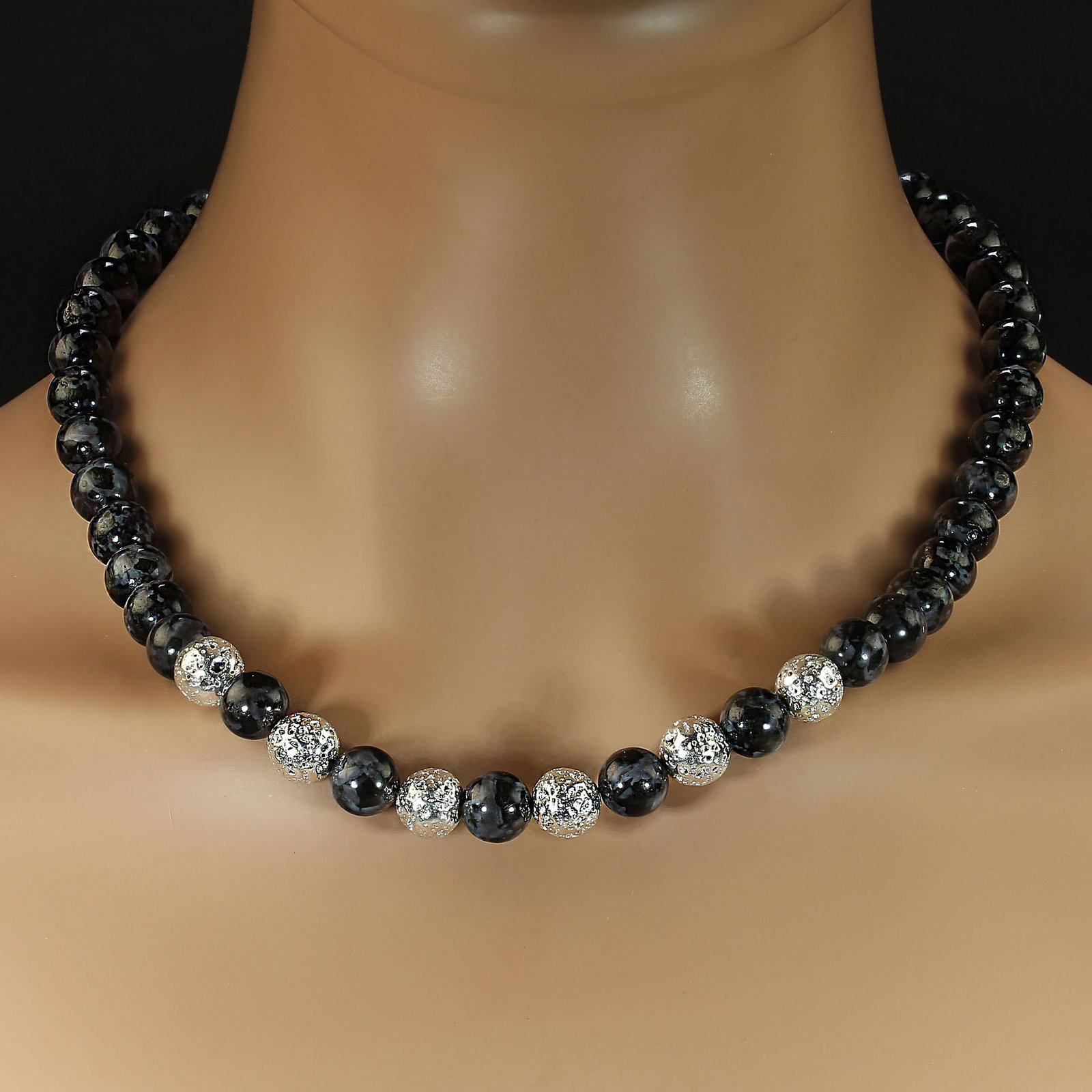 Ajd 19 Inch Unique Indigo Gabbro and Silver Washed Lava Rock Necklace - 2