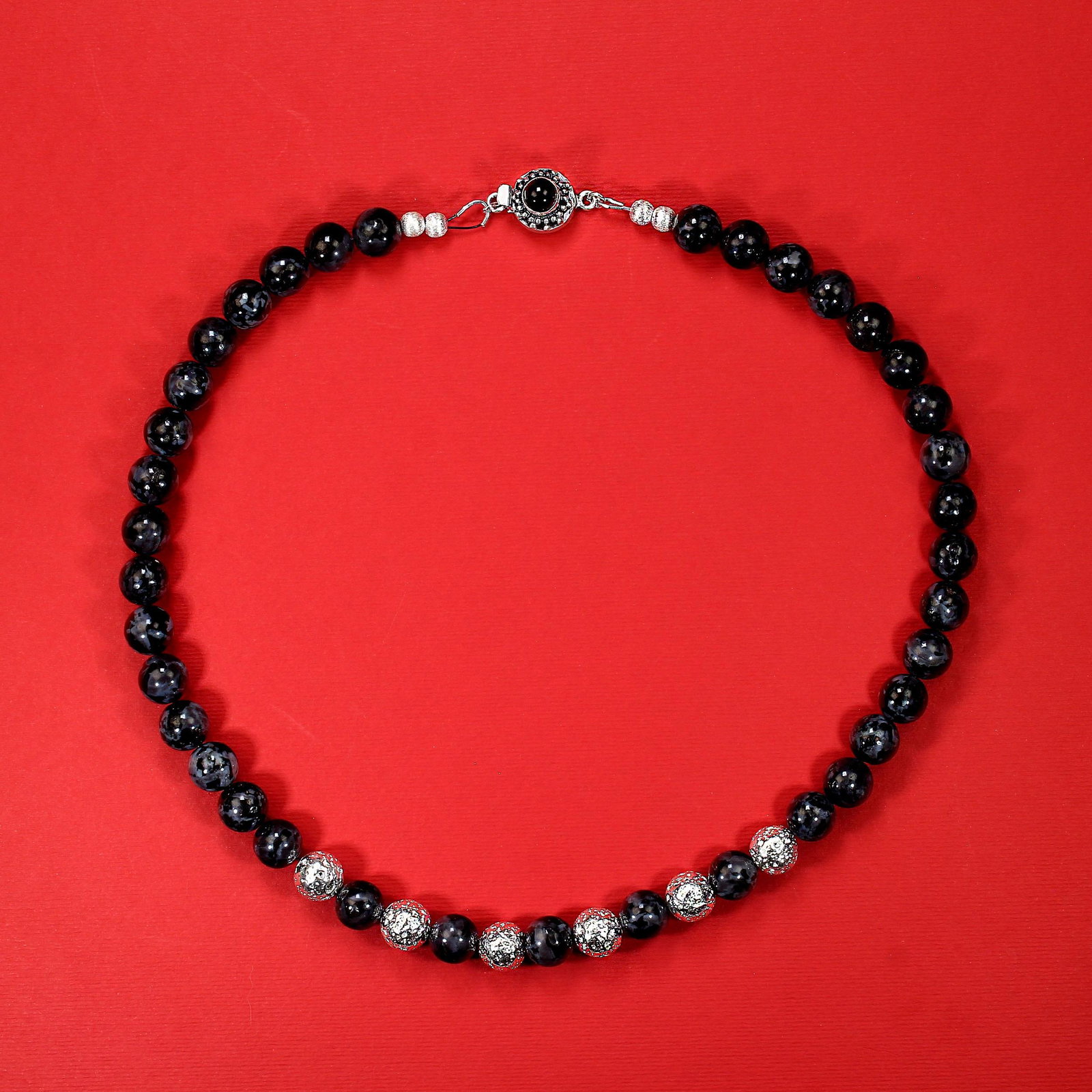 Ajd 19 Inch Unique Indigo Gabbro and Silver Washed Lava Rock Necklace - 3