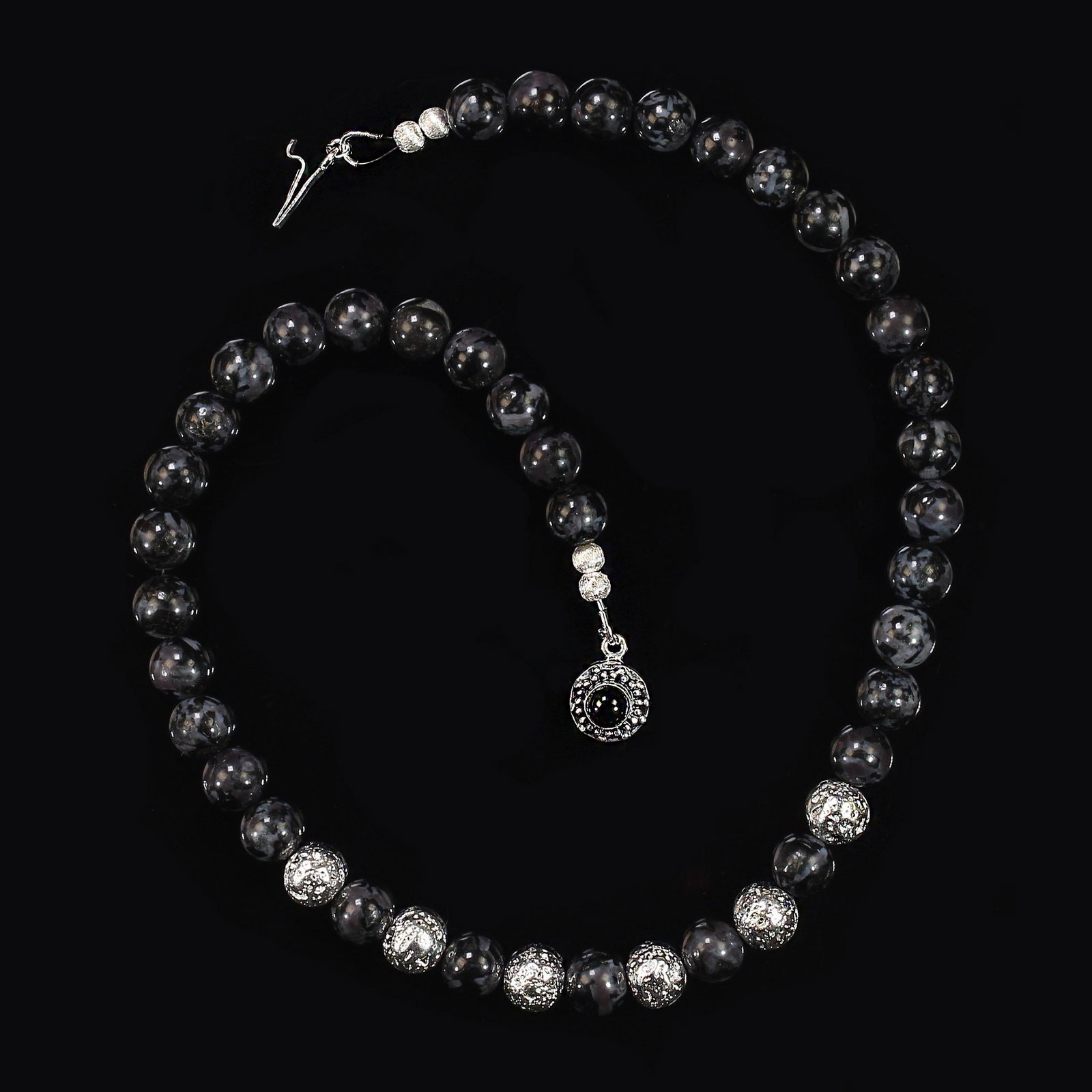 Ajd 19 Inch Unique Indigo Gabbro and Silver Washed Lava Rock Necklace - 4