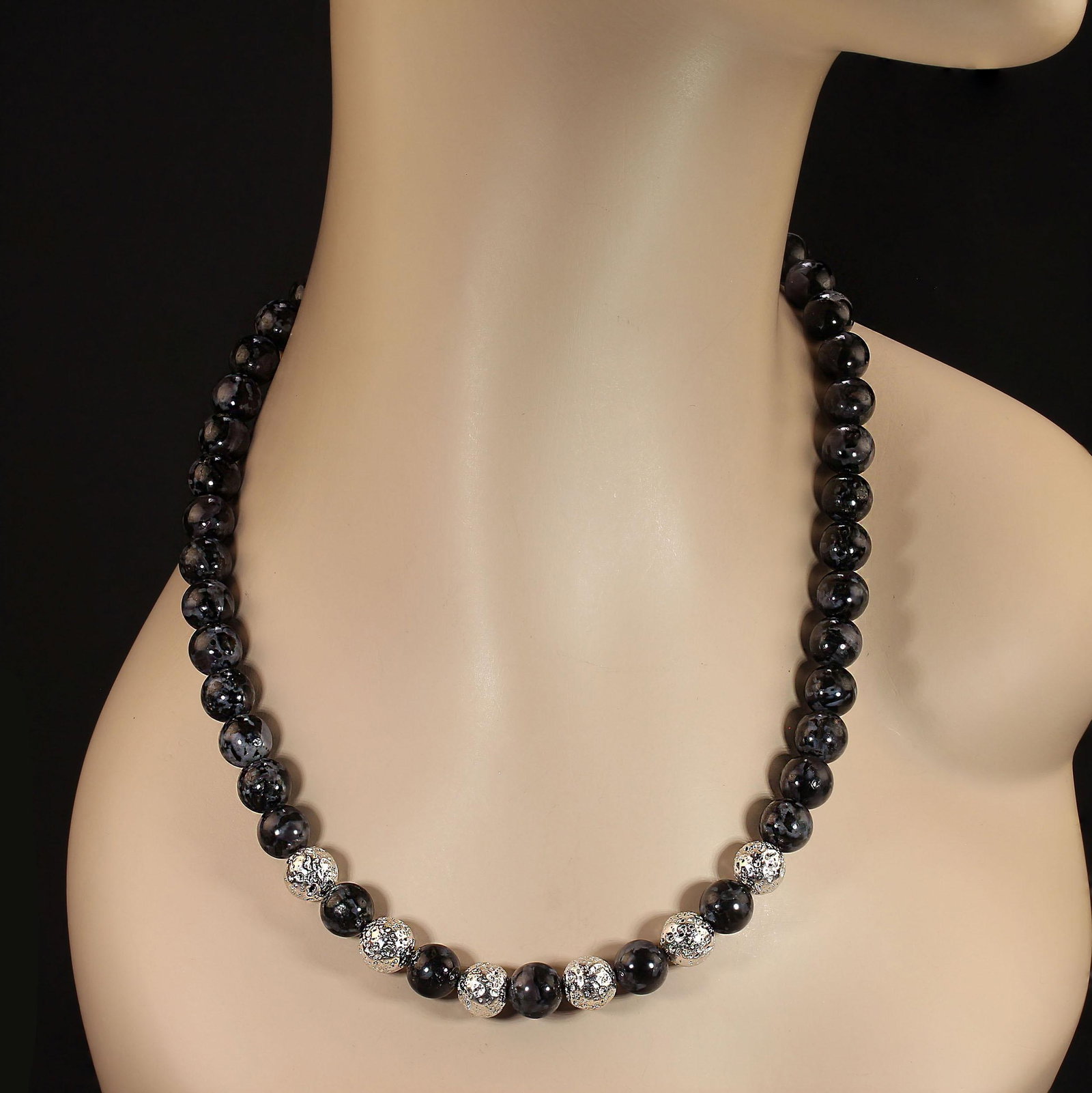 Ajd 19 Inch Unique Indigo Gabbro and Silver Washed Lava Rock Necklace - 6