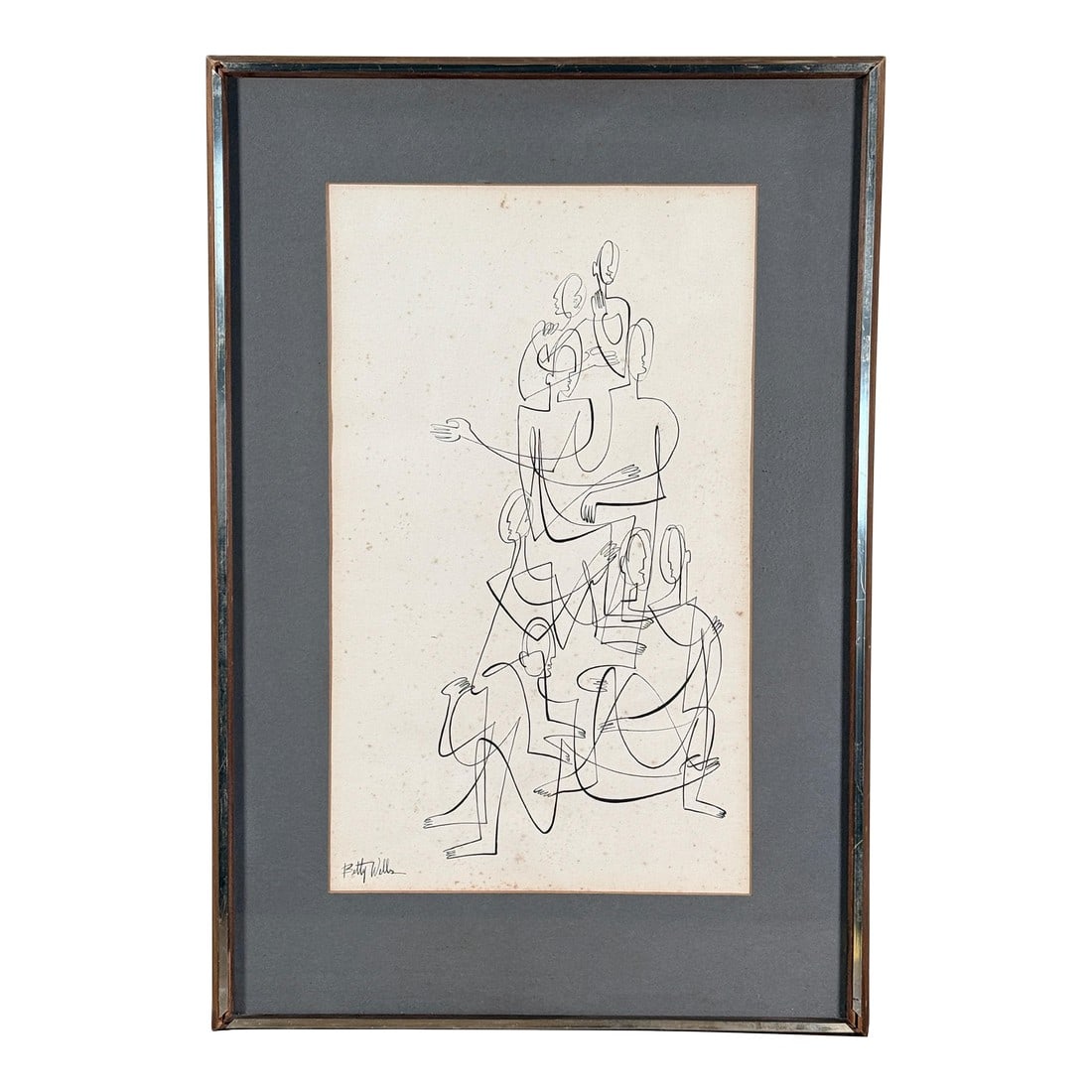 Modernist Figurative Pen and Ink Drawing Corporate Structure by Betty Wells: This original pen and ink drawing titled 'Corporate Structure' is by the well listed, American artist Betty Wells and features a modernist composition of overlapping human figures drawn in continuous