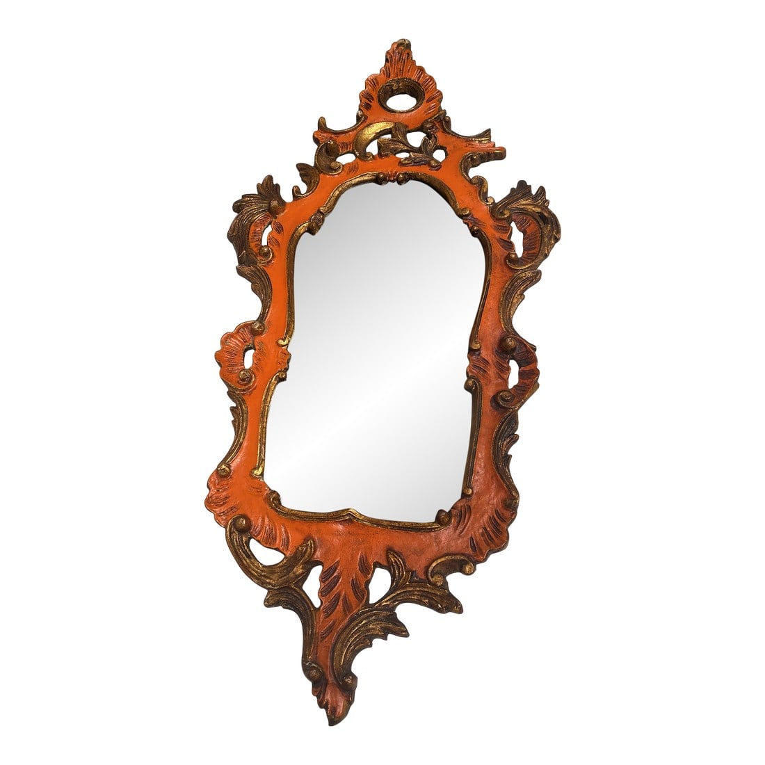 19th Century Rococo Italian Venetian Orange Gold Gilt Carved Wood Mirror: This is a wonderful early Italian Venetian carved wood and gesso mirror that was updated probably in the 1970's with bright orange paint which is coordinated with the original gold and faux aged for a