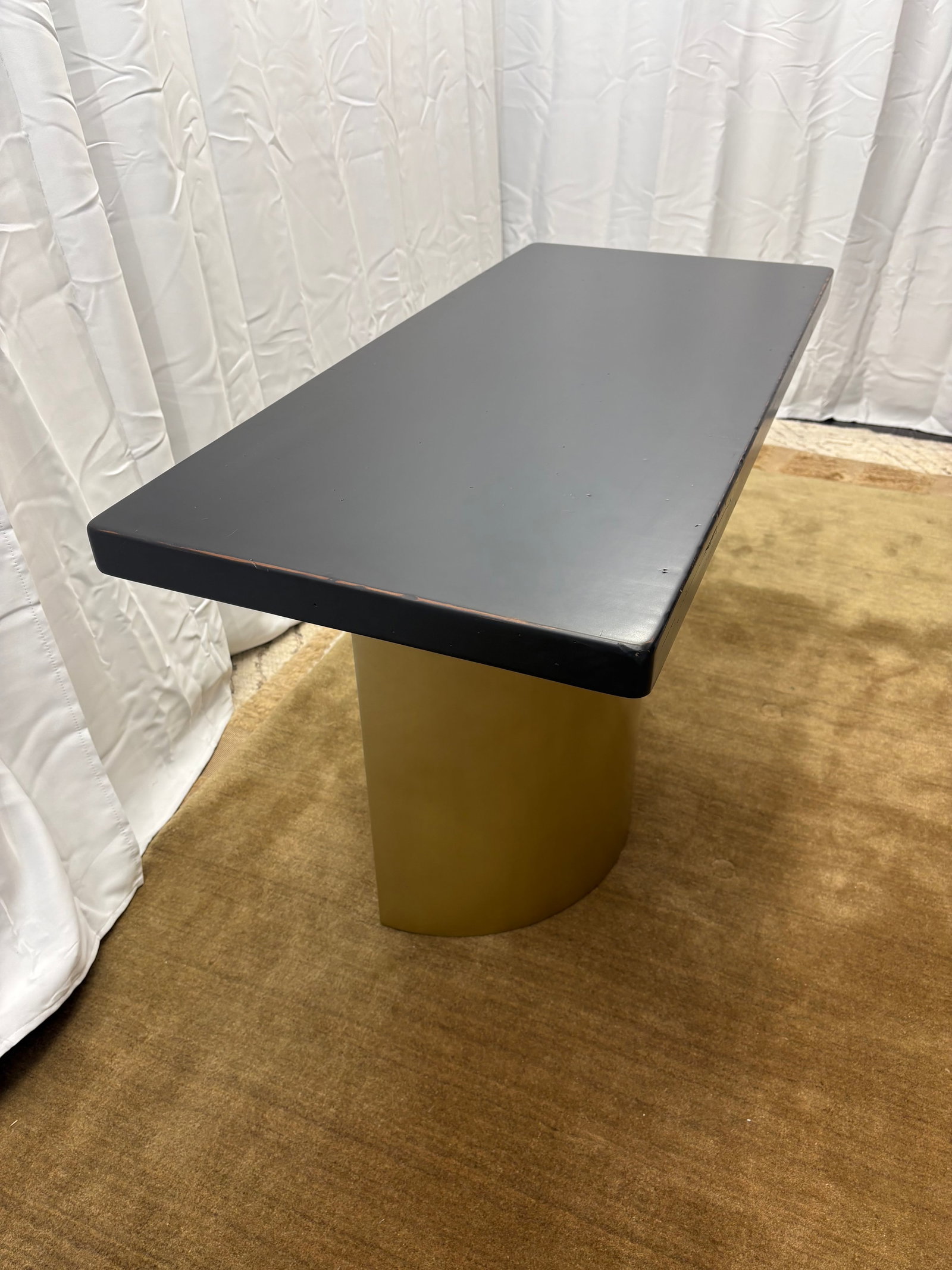 Custom Console Table Attributed to Arhaus Distressed Black Painted Top | Gold Dauphine Pedestal Base - 10