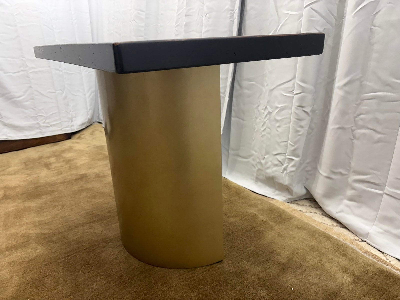 Custom Console Table Attributed to Arhaus Distressed Black Painted Top | Gold Dauphine Pedestal Base - 15