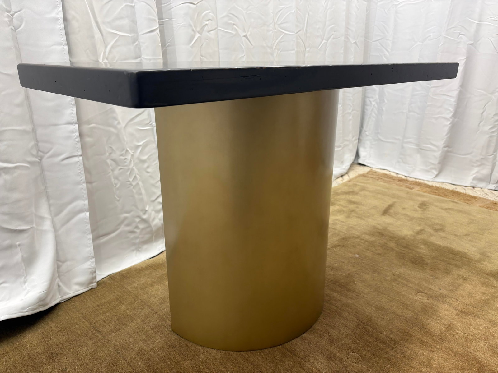 Custom Console Table Attributed to Arhaus Distressed Black Painted Top | Gold Dauphine Pedestal Base - 18