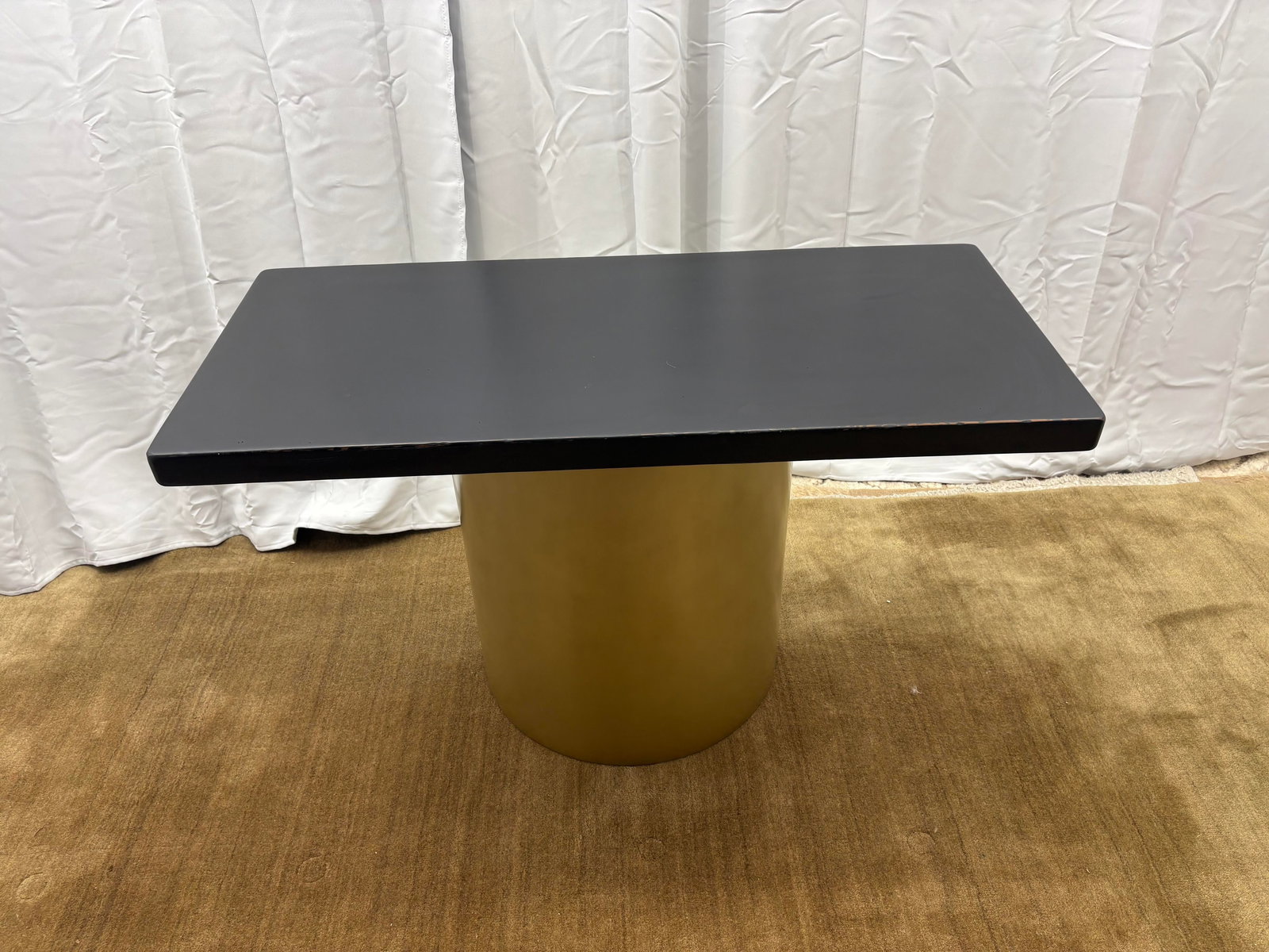 Custom Console Table Attributed to Arhaus Distressed Black Painted Top | Gold Dauphine Pedestal Base - 2