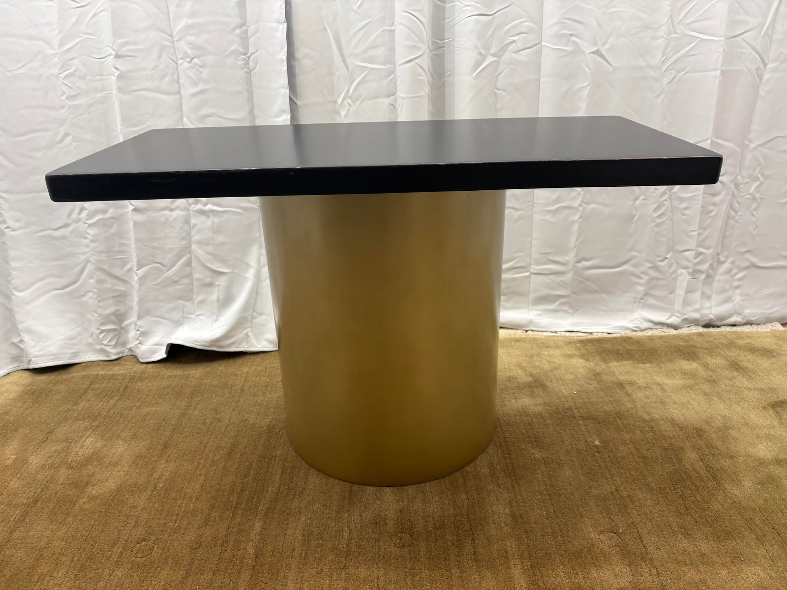 Custom Console Table Attributed to Arhaus Distressed Black Painted Top | Gold Dauphine Pedestal Base - 4
