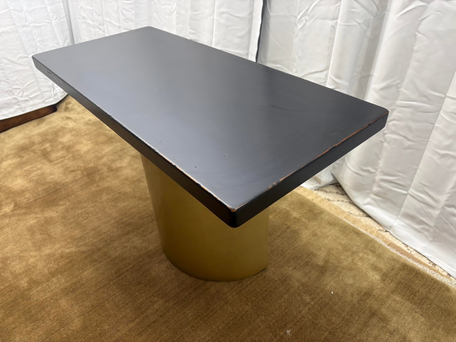 Custom Console Table Attributed to Arhaus Distressed Black Painted Top | Gold Dauphine Pedestal Base - 7