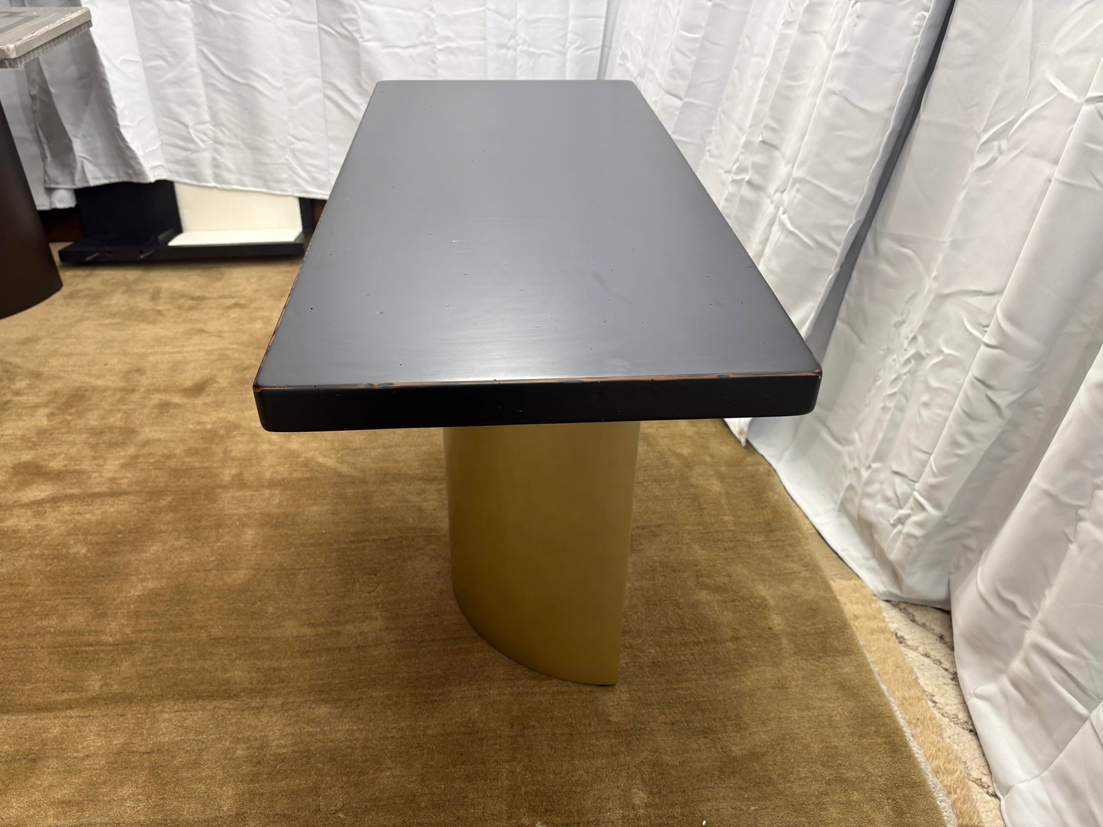 Custom Console Table Attributed to Arhaus Distressed Black Painted Top | Gold Dauphine Pedestal Base - 8