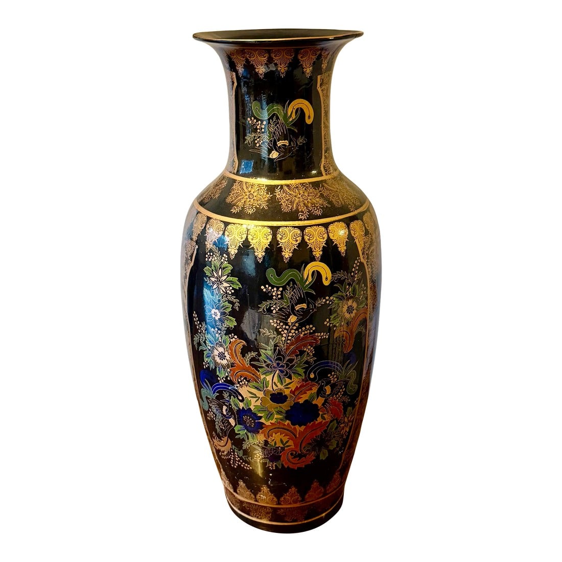 Early 20th Century Chinese Gilt Baluster Floor Vase: This substantial size floor vase showcases remarkable artistic skill, in its intricate use of gilt (gold) accents. Its dark "˜mirror black' black background is intricately adorned in hand painted