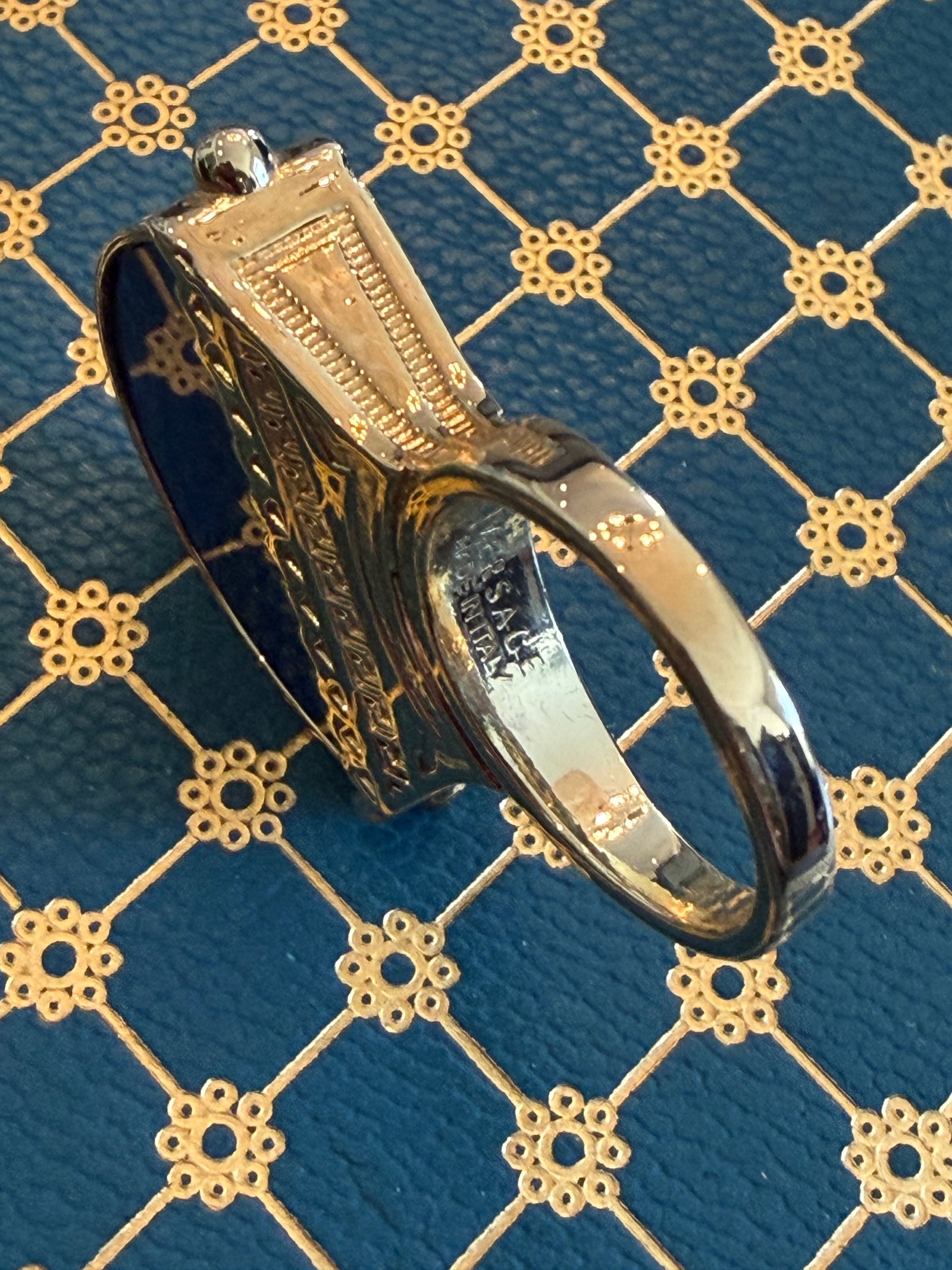 Retro Versace Lapis Lazuli Domed Ring With Medusa Logo and Greek Key Detail, Size 8 - 10