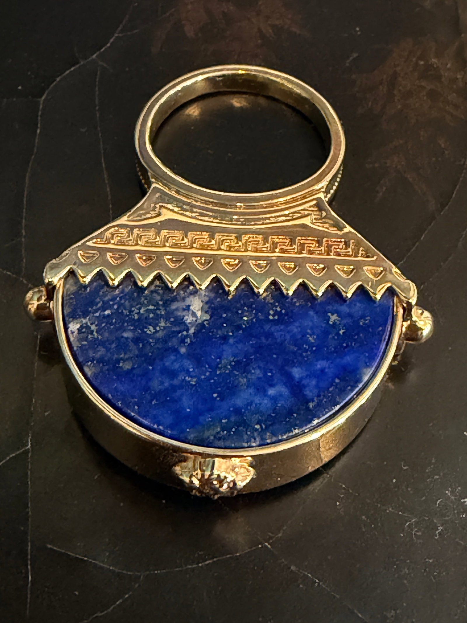Retro Versace Lapis Lazuli Domed Ring With Medusa Logo and Greek Key Detail, Size 8 - 11