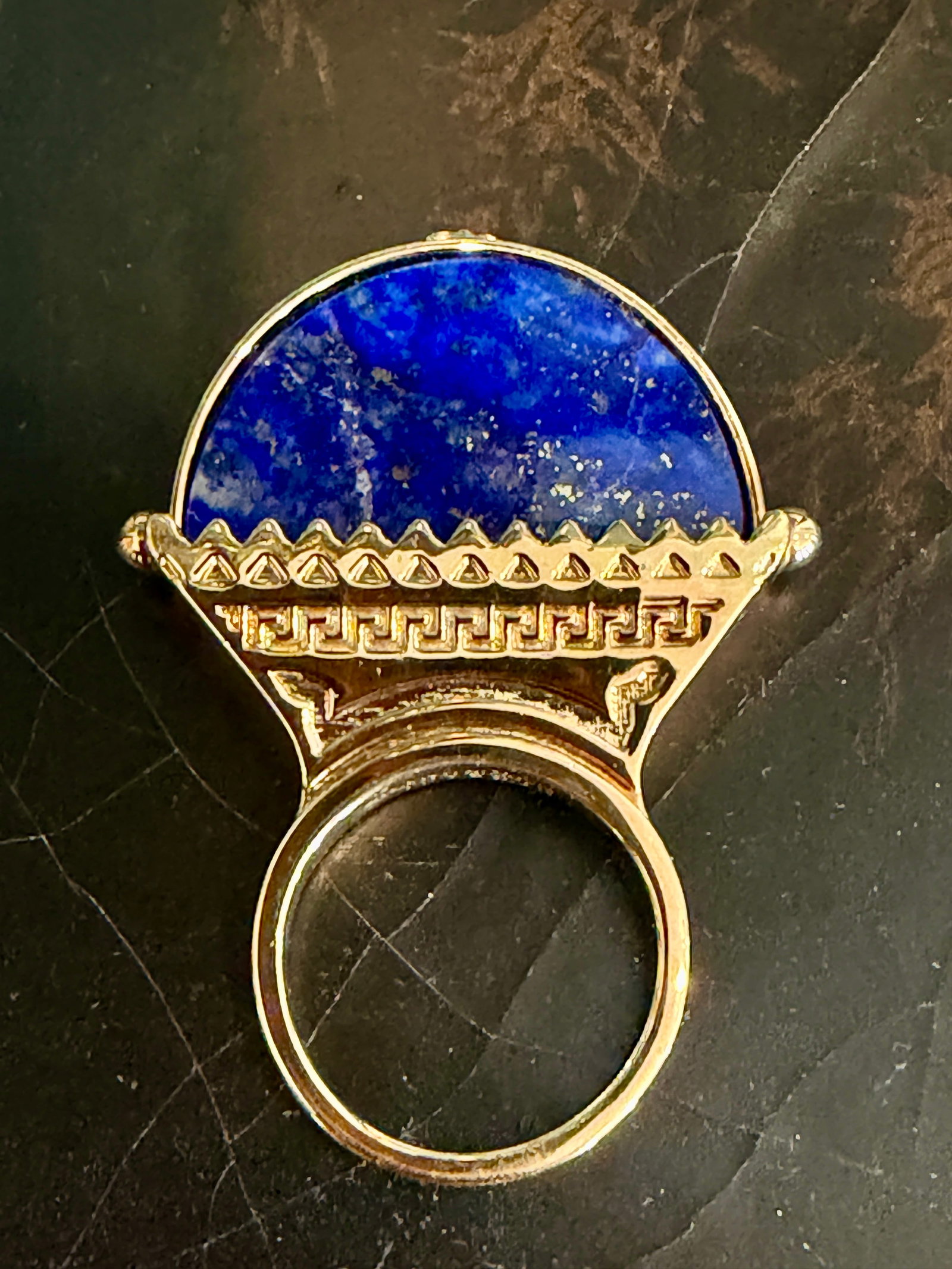 Retro Versace Lapis Lazuli Domed Ring With Medusa Logo and Greek Key Detail, Size 8 - 12