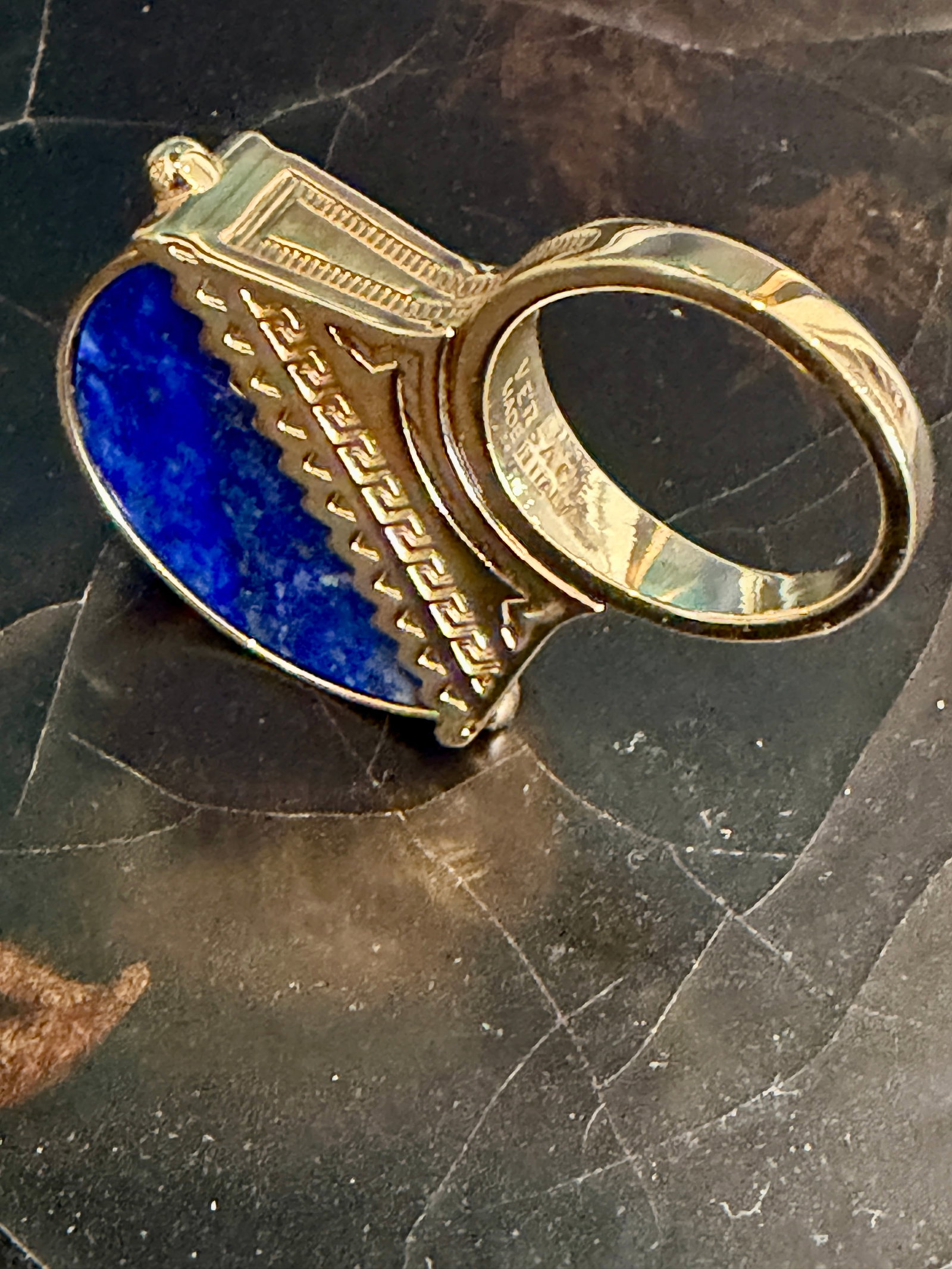 Retro Versace Lapis Lazuli Domed Ring With Medusa Logo and Greek Key Detail, Size 8 - 13