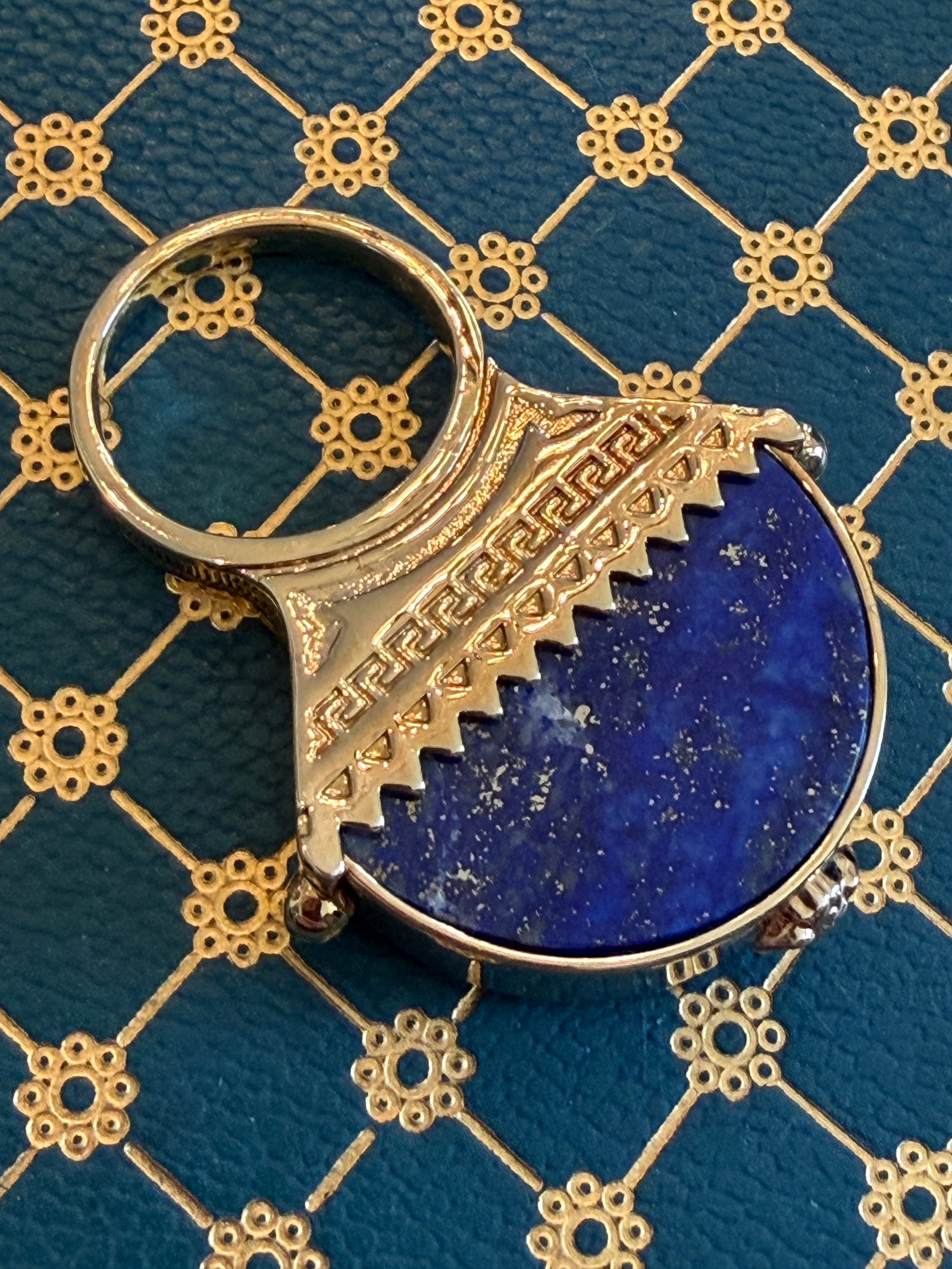 Retro Versace Lapis Lazuli Domed Ring With Medusa Logo and Greek Key Detail, Size 8 - 14