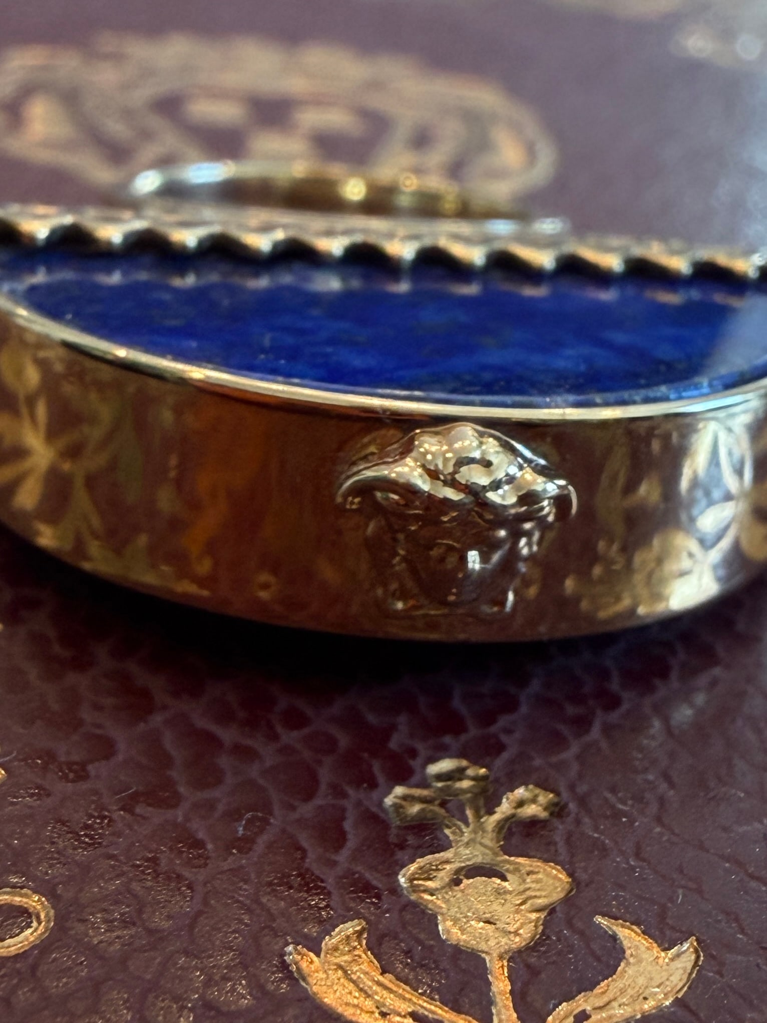 Retro Versace Lapis Lazuli Domed Ring With Medusa Logo and Greek Key Detail, Size 8 - 15