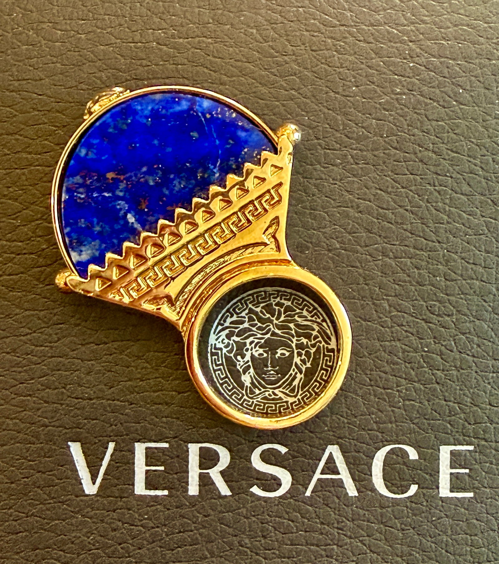 Retro Versace Lapis Lazuli Domed Ring With Medusa Logo and Greek Key Detail, Size 8 - 17