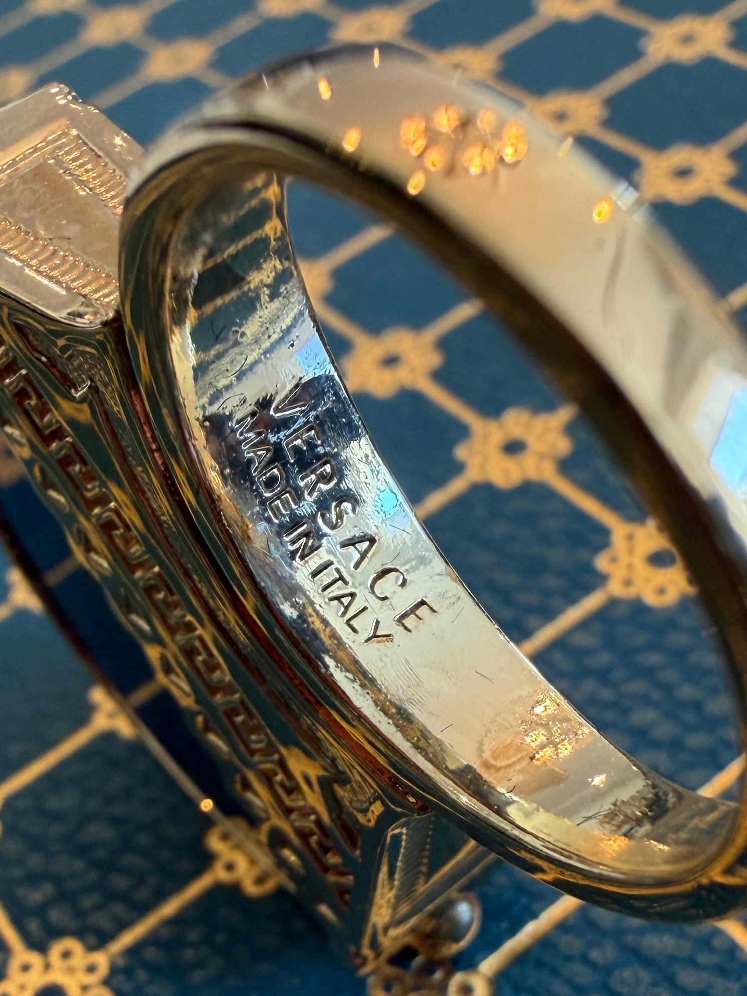 Retro Versace Lapis Lazuli Domed Ring With Medusa Logo and Greek Key Detail, Size 8 - 2
