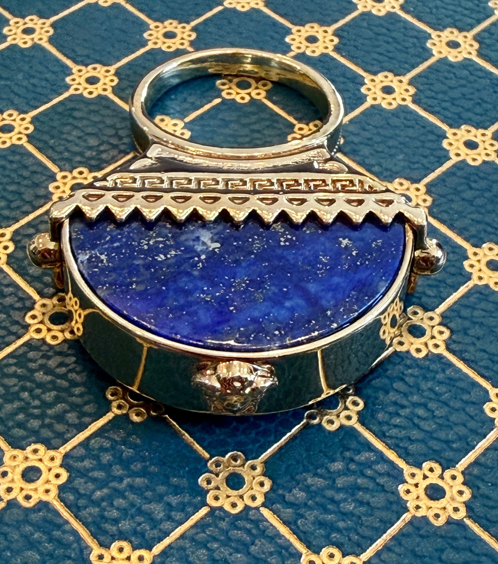 Retro Versace Lapis Lazuli Domed Ring With Medusa Logo and Greek Key Detail, Size 8 - 4