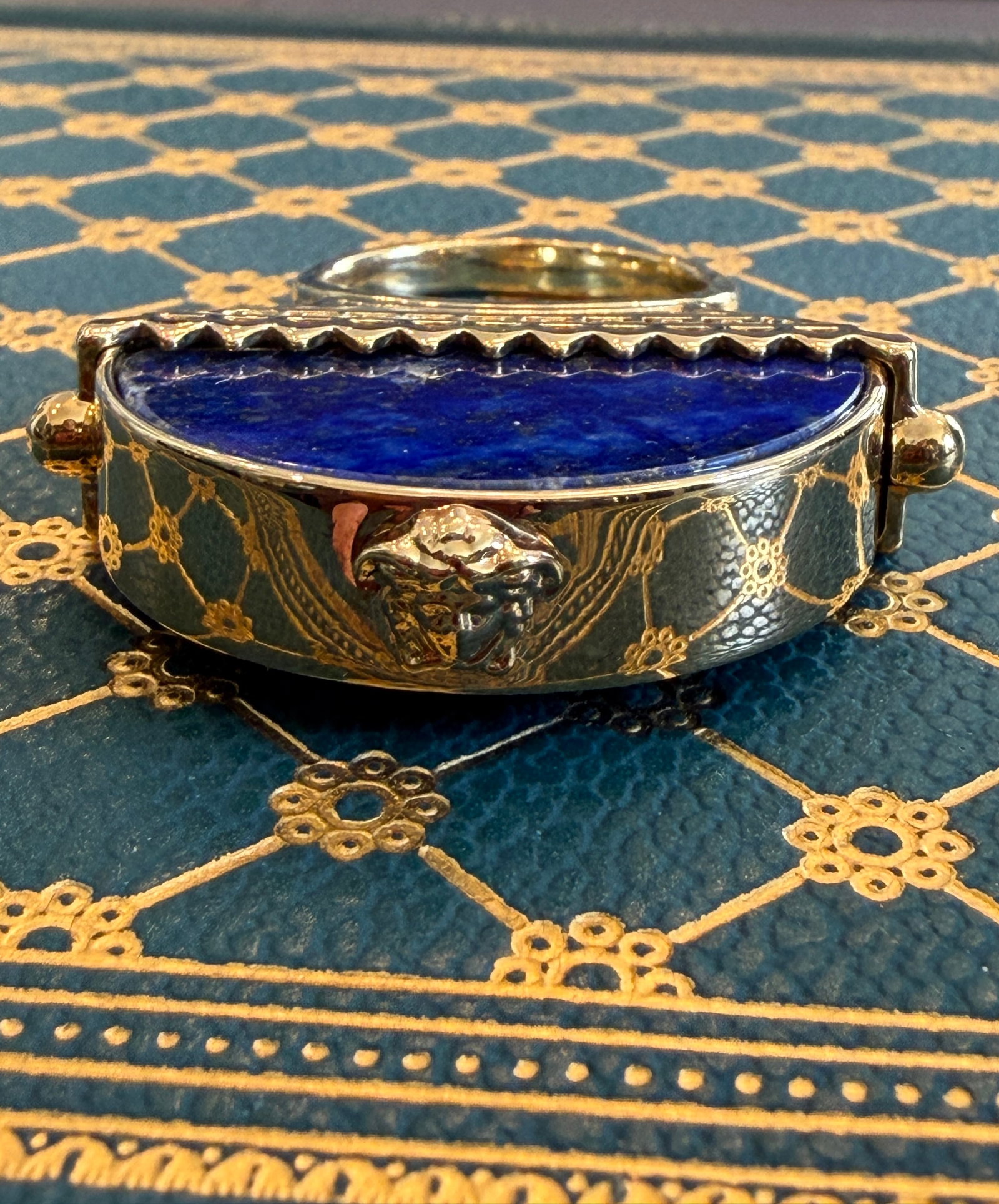 Retro Versace Lapis Lazuli Domed Ring With Medusa Logo and Greek Key Detail, Size 8 - 5