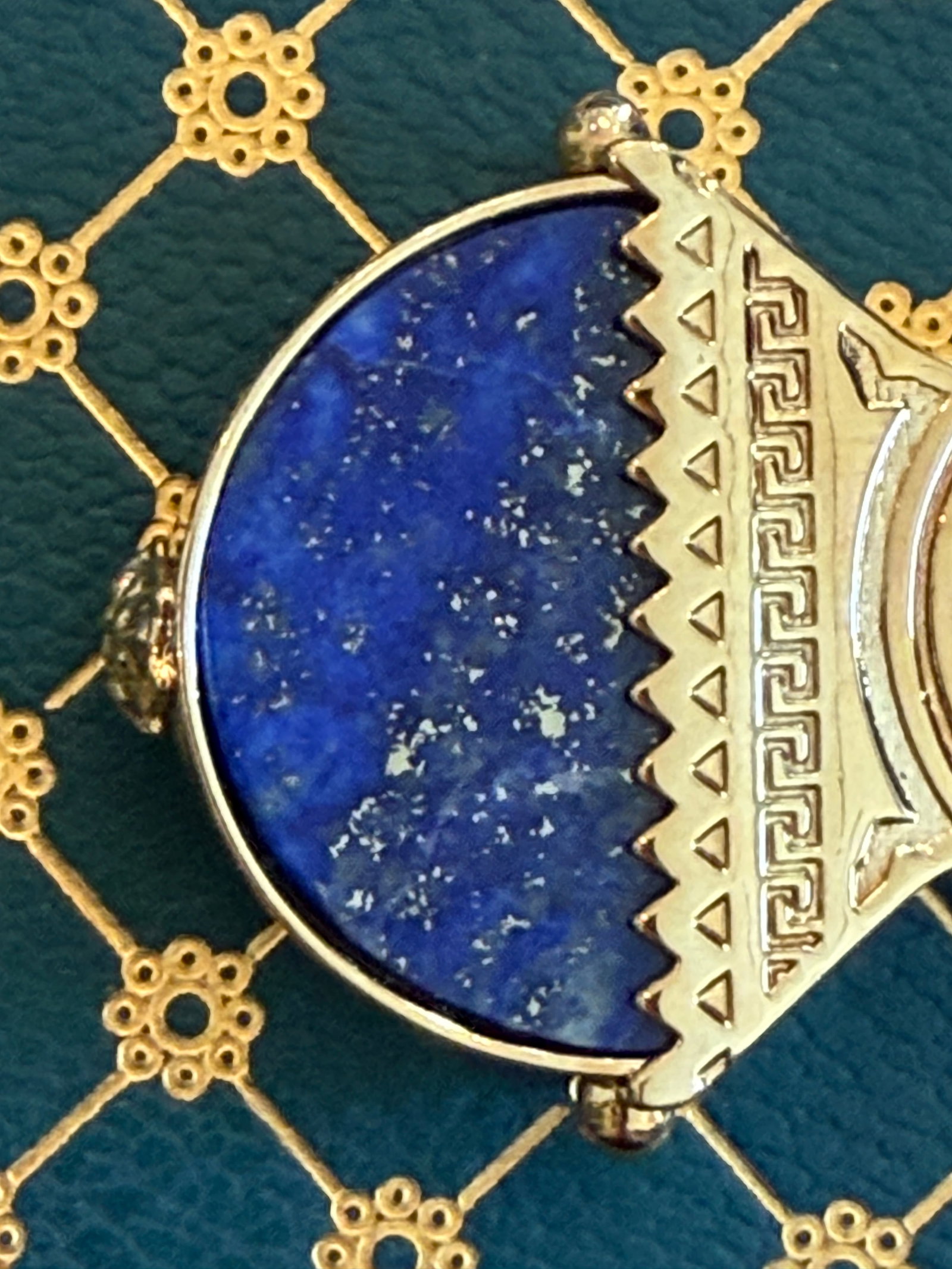 Retro Versace Lapis Lazuli Domed Ring With Medusa Logo and Greek Key Detail, Size 8 - 7