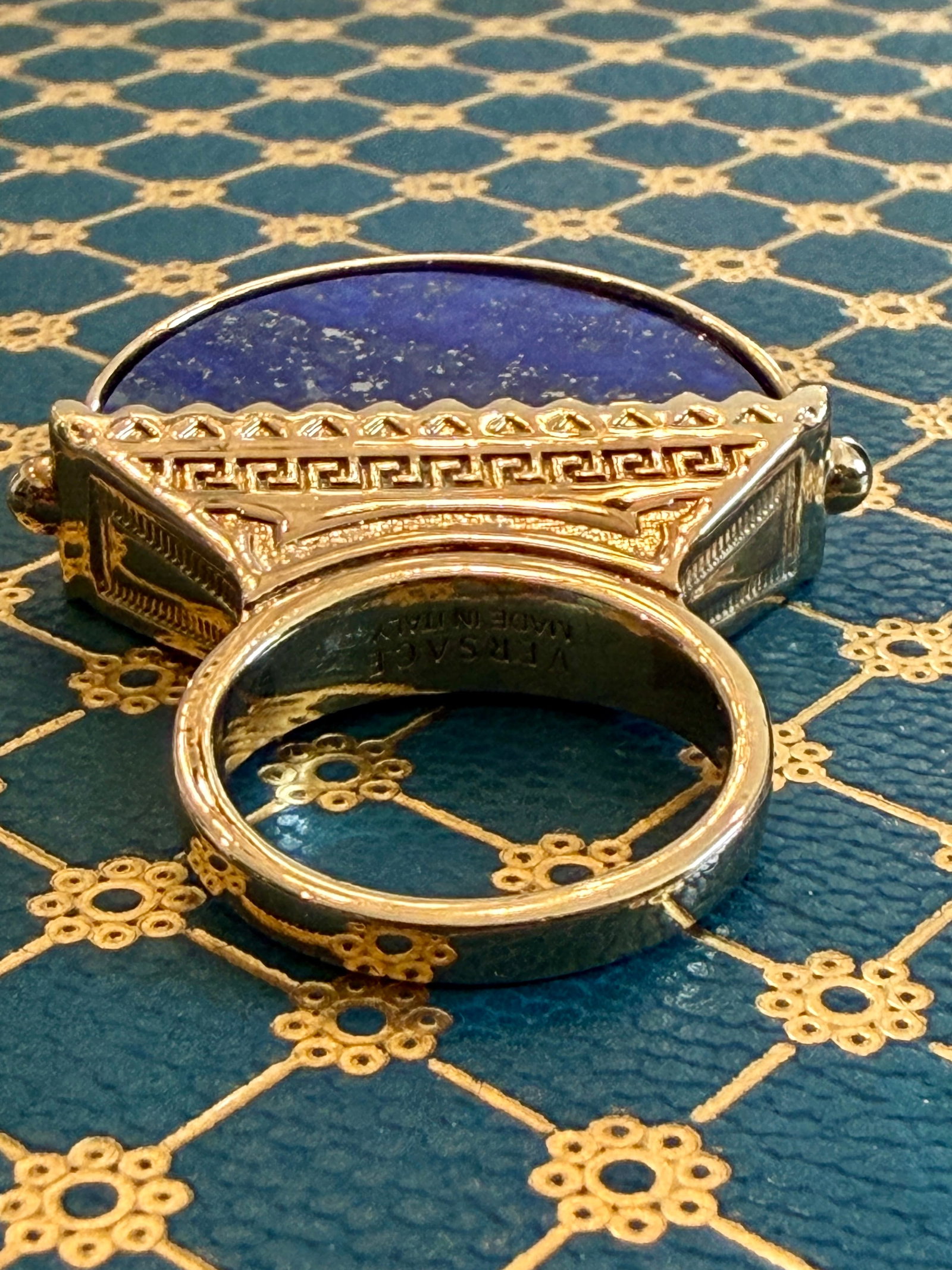 Retro Versace Lapis Lazuli Domed Ring With Medusa Logo and Greek Key Detail, Size 8 - 8