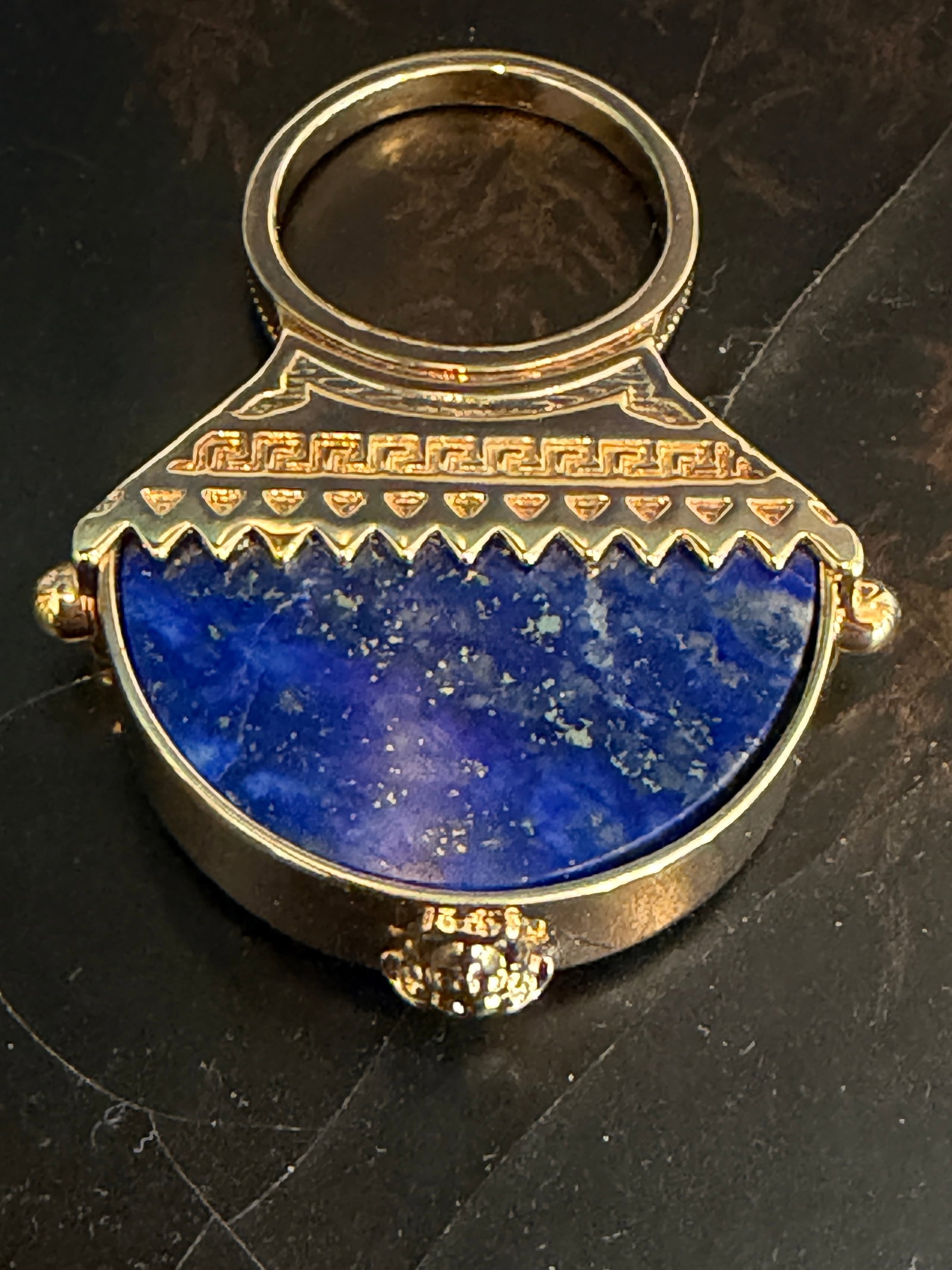 Retro Versace Lapis Lazuli Domed Ring With Medusa Logo and Greek Key Detail, Size 8 - 9