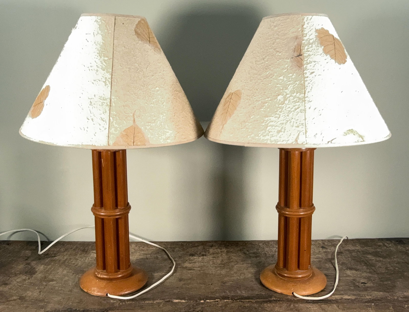 Coastal / Regency Faux Bamboo Table Lamps With Natural Fiber Shades - A Pair - 8