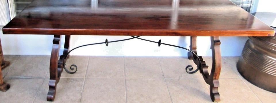 Vintage Spanish Catalan Trestle Dining Table With Lyre Legs and Iron Stretchers - 2