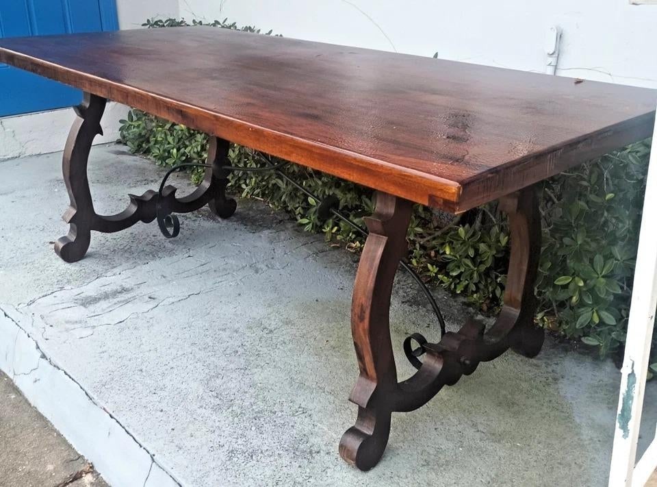 Vintage Spanish Catalan Trestle Dining Table With Lyre Legs and Iron Stretchers - 3