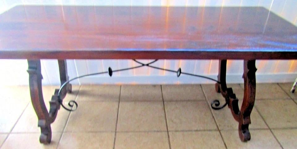 Vintage Spanish Catalan Trestle Dining Table With Lyre Legs and Iron Stretchers - 4