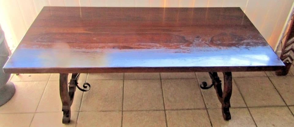 Vintage Spanish Catalan Trestle Dining Table With Lyre Legs and Iron Stretchers - 5