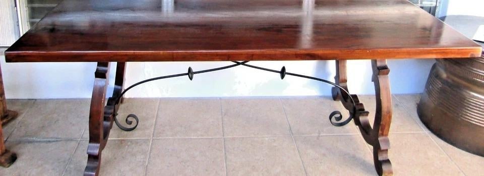 Vintage Spanish Catalan Trestle Dining Table With Lyre Legs and Iron Stretchers - 6