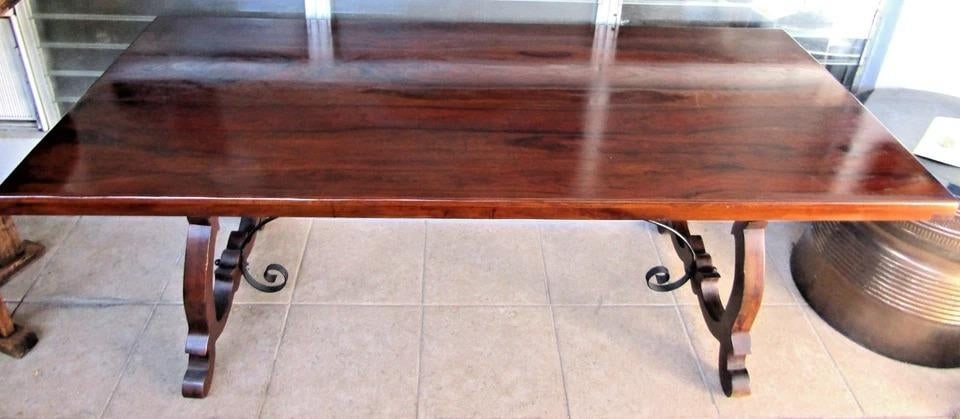 Vintage Spanish Catalan Trestle Dining Table With Lyre Legs and Iron Stretchers - 7