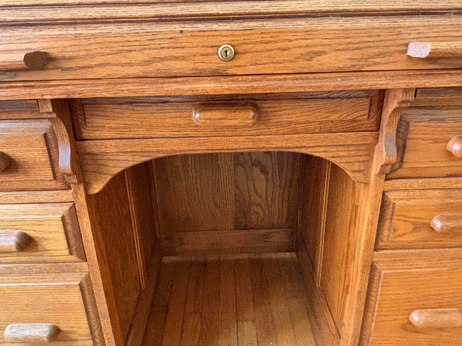 Mid 20th Century Arts & Crafts Raised Panel Oak S Roll Top Desk on Casters - 10