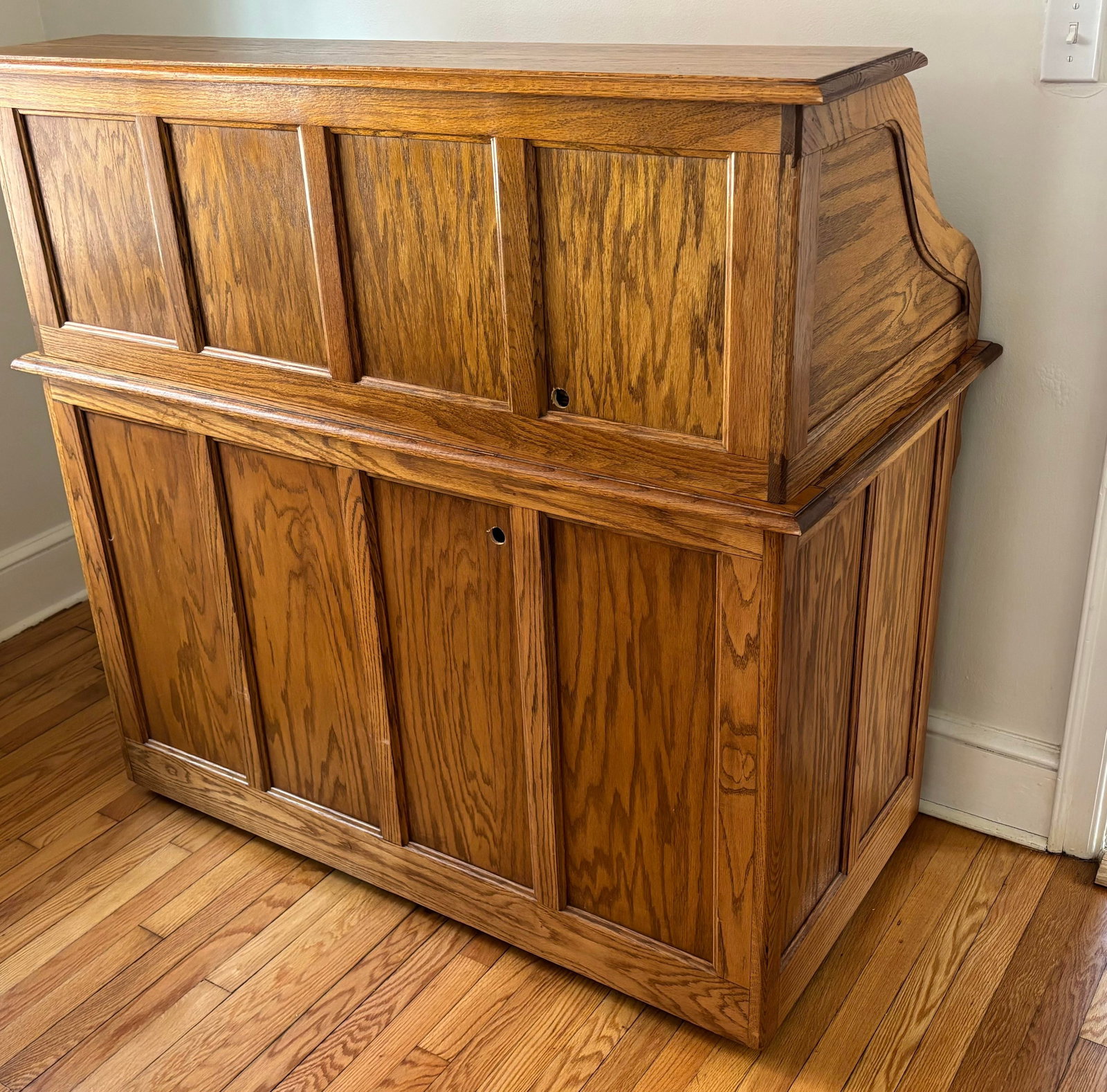 Mid 20th Century Arts & Crafts Raised Panel Oak S Roll Top Desk on Casters - 4