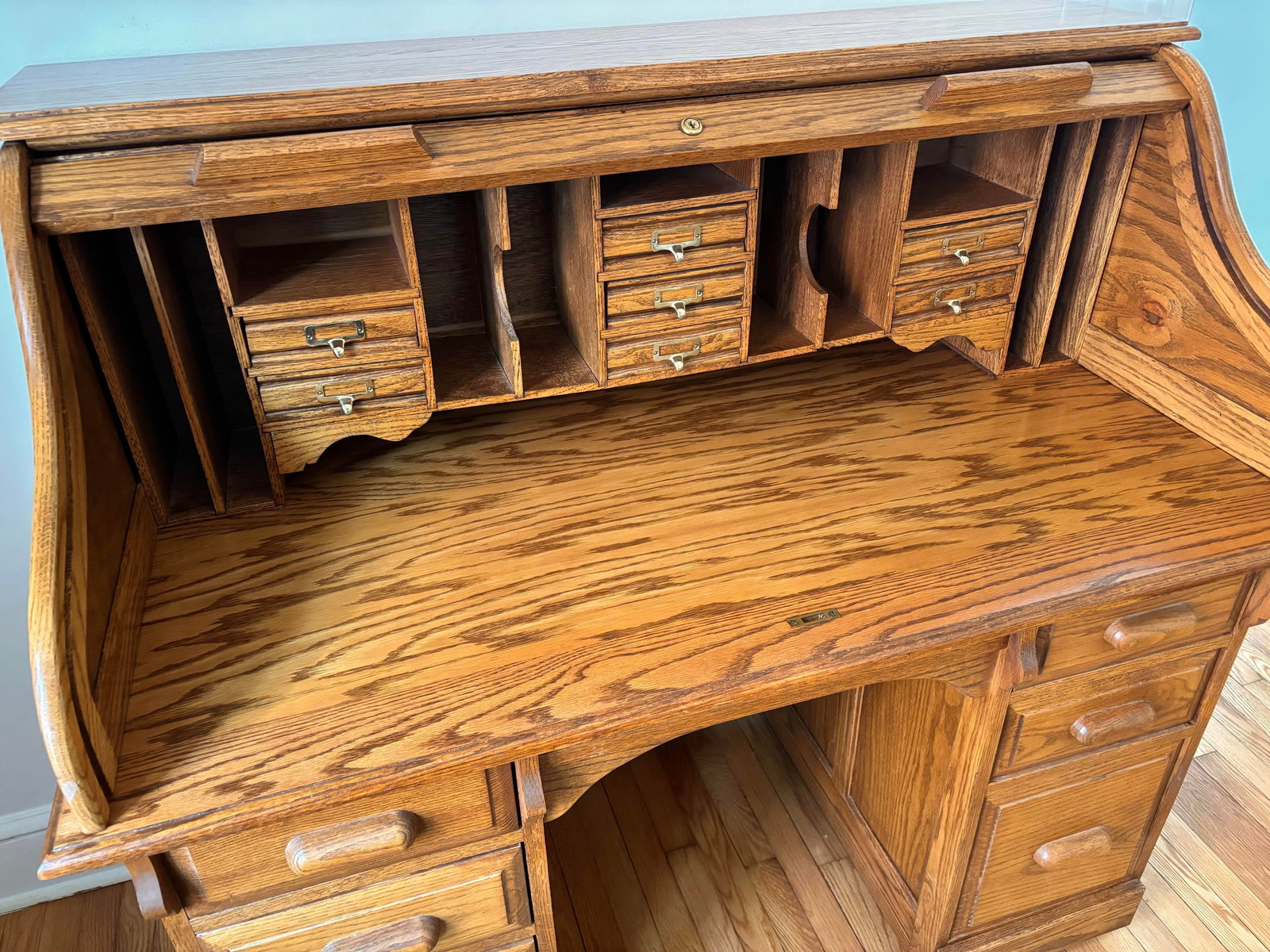 Mid 20th Century Arts & Crafts Raised Panel Oak S Roll Top Desk on Casters - 8