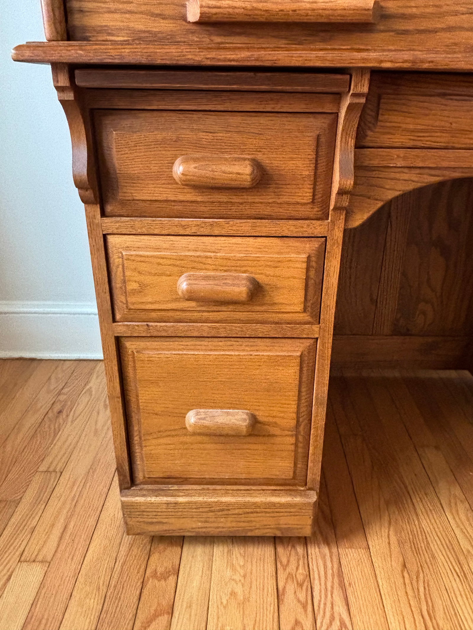 Mid 20th Century Arts & Crafts Raised Panel Oak S Roll Top Desk on Casters - 9