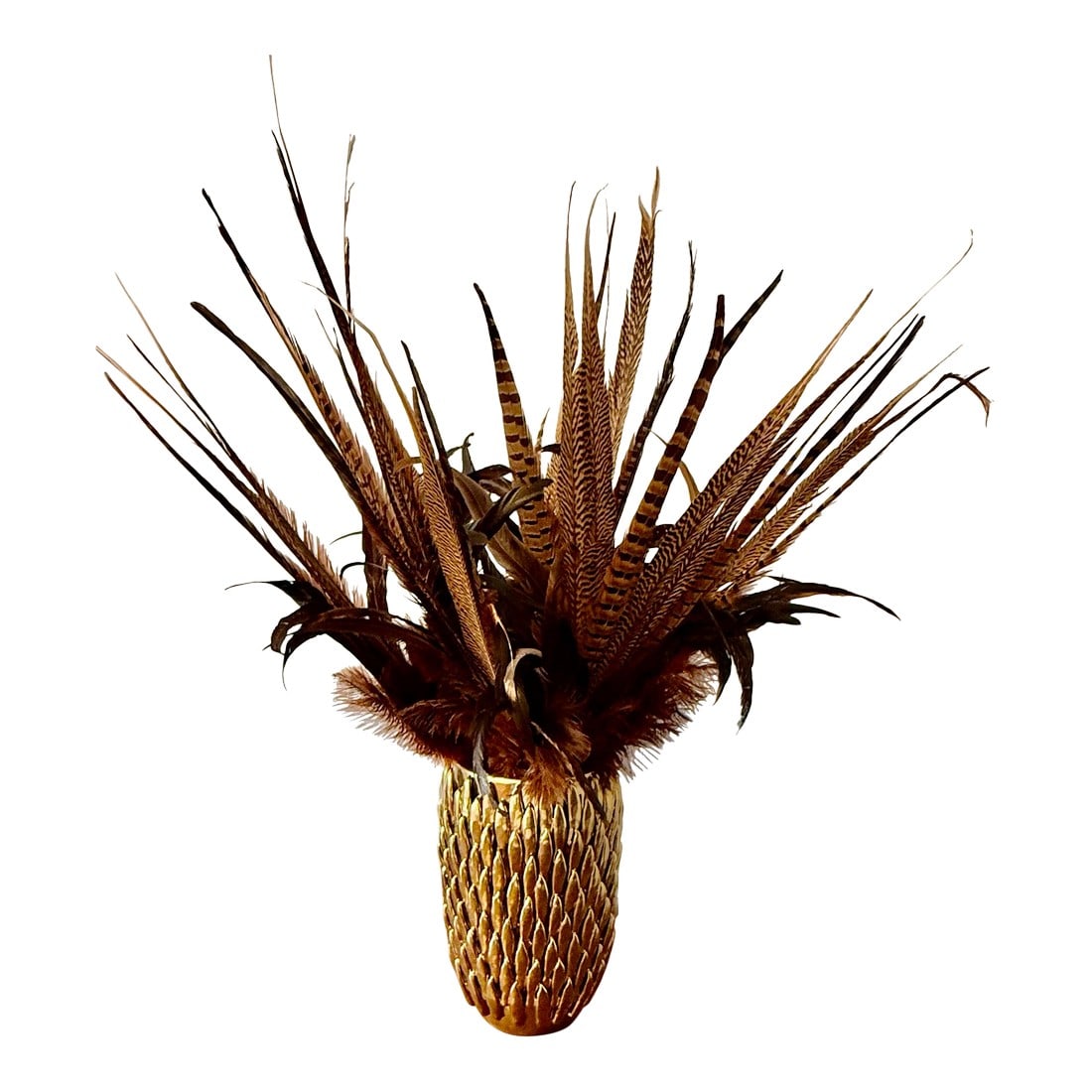 Pheasant Feather Decorative Vase: This striking decorative arrangement composed of primarily natural pheasant feathers, presented in a distinctive golden, textured vase. It serves as an elegant and naturalistic accent piece for