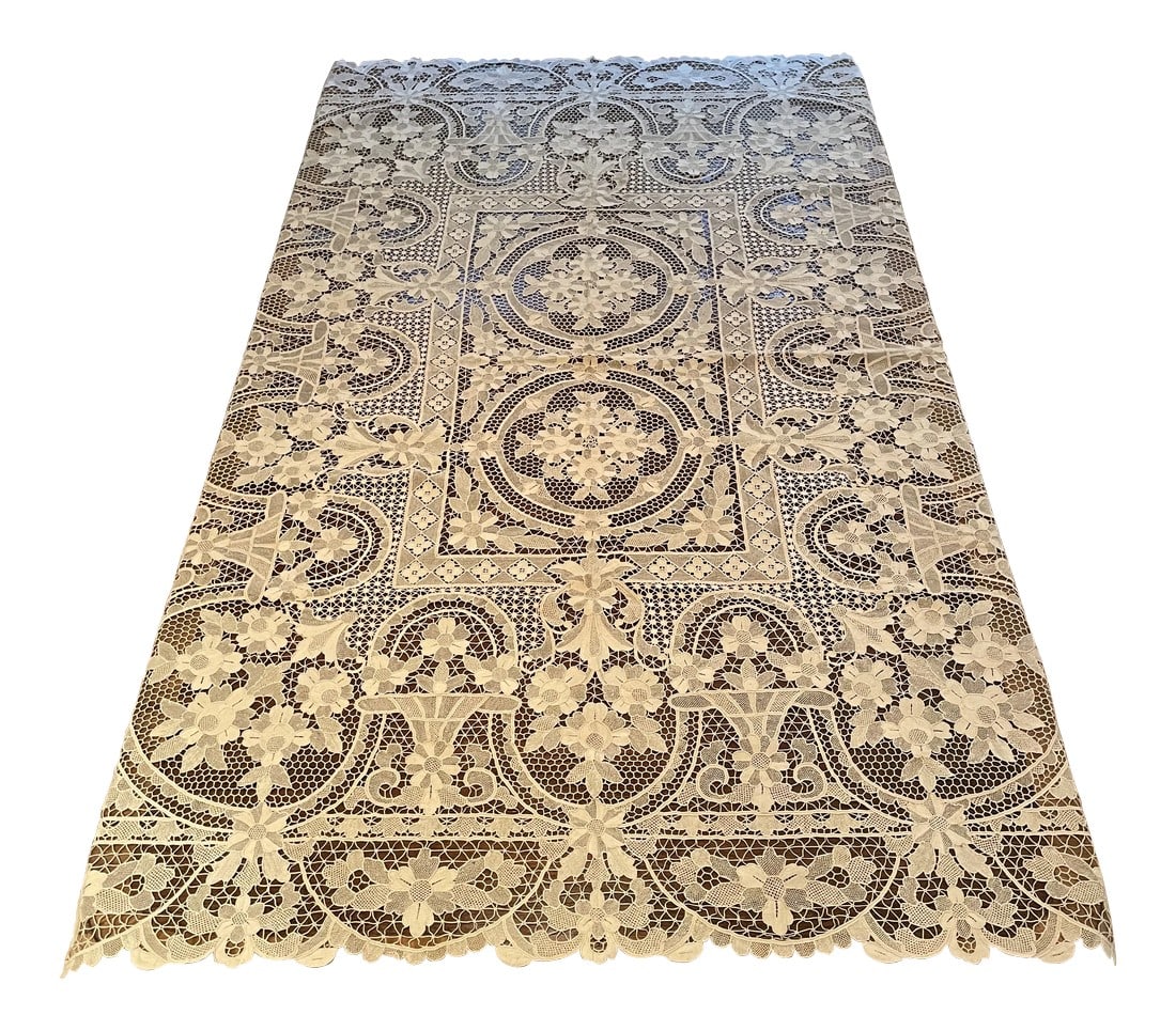 Vintage French Lace Tablecloth: This is an absolutely stunning Vintage French table cloth. The more you look at it the more it reveals. A must-have for your elegant table. Condition: Alterations: Original Condition Unaltered Imperfe