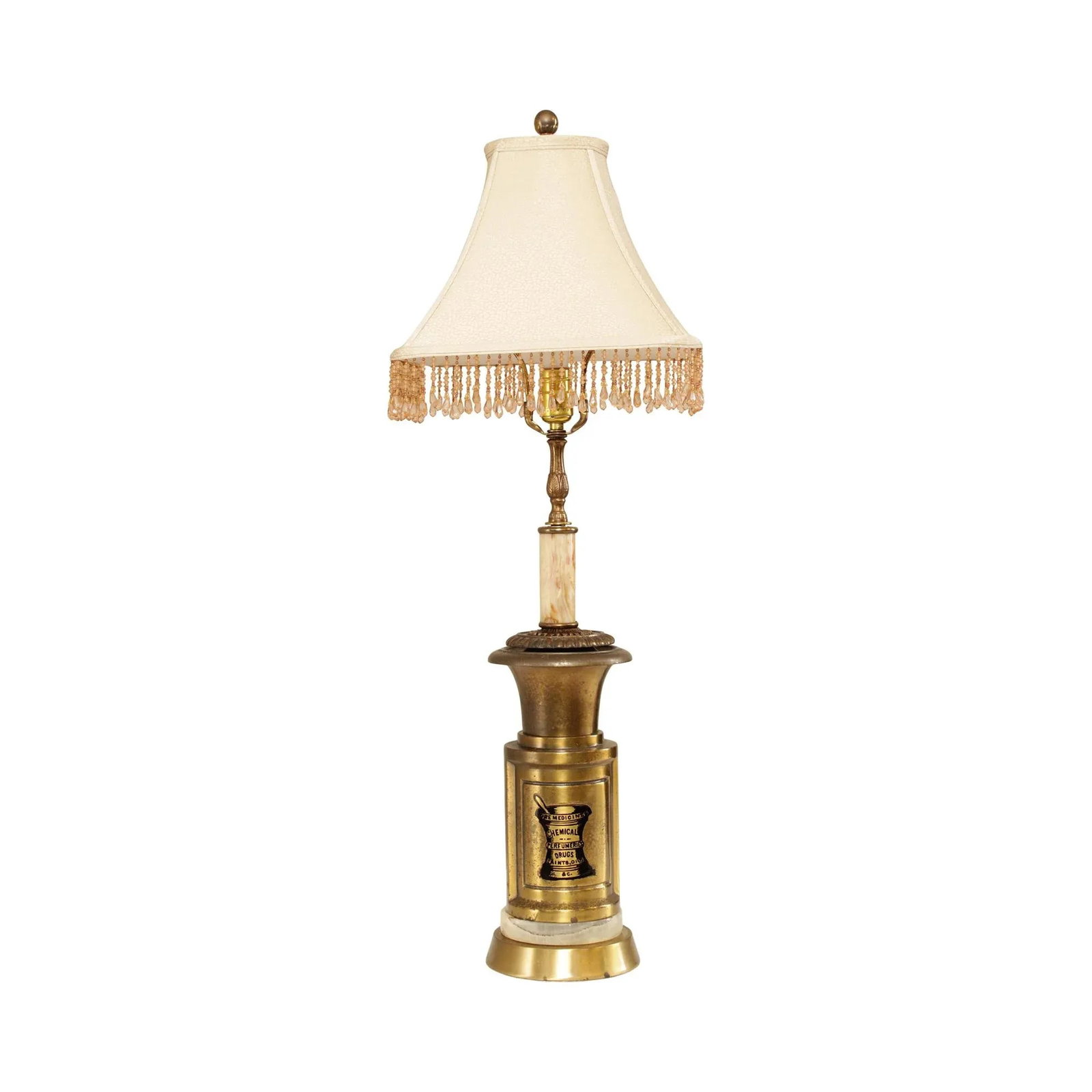 Vintage Lamp with 'Ure Medicines' Brass Canister Base and Onyx - 13