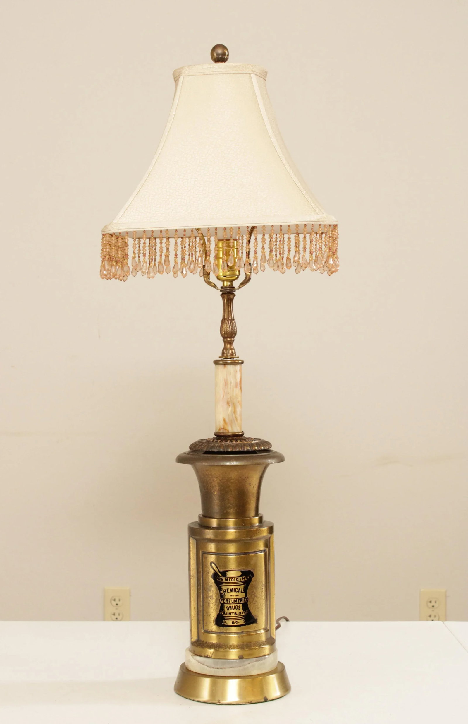 Vintage Lamp with 'Ure Medicines' Brass Canister Base and Onyx - 2