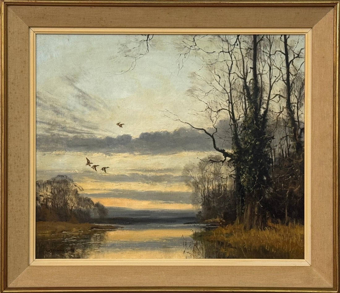 Winter Evening Ducks Flying over Water - English Countryside Vintage British Art 1979 (1 of 15)