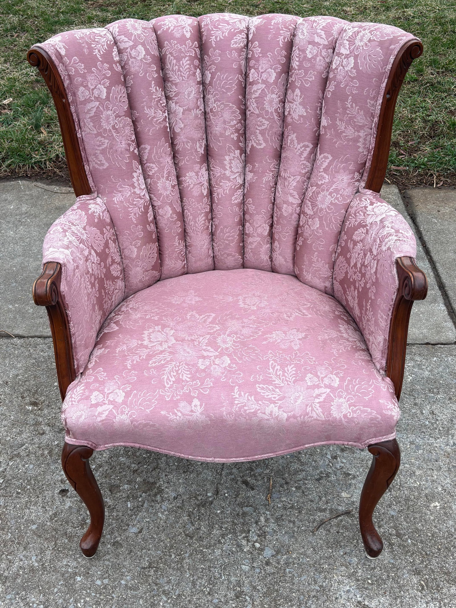 Vintage Pink Floral Channel Back Upholstered Chair - 13