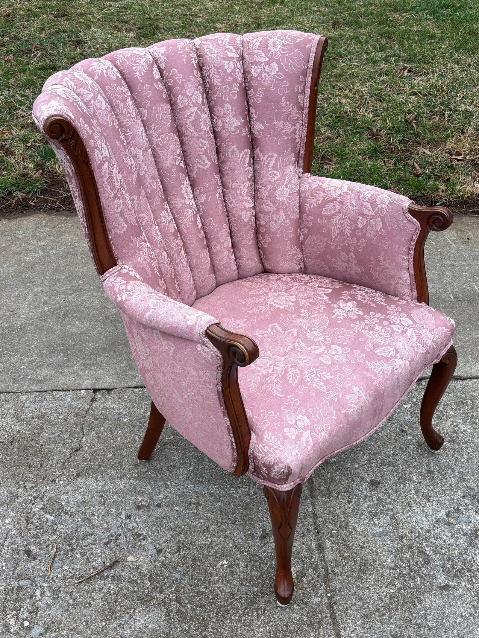 Vintage Pink Floral Channel Back Upholstered Chair - 5